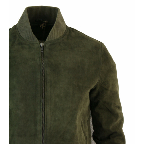 Varsity Mens Real Suede Leather Bomber College Jacket Classic Retro Vintage - Olive