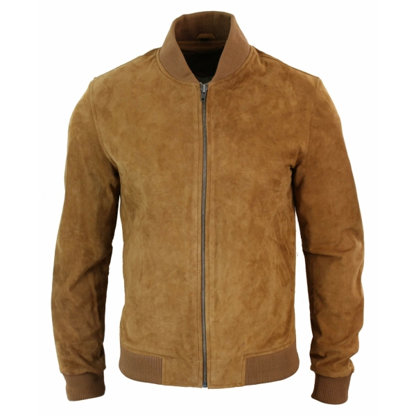 Varsity Mens Real Suede Leather Bomber College Jacket Classic Retro Vintage - Tan Brown