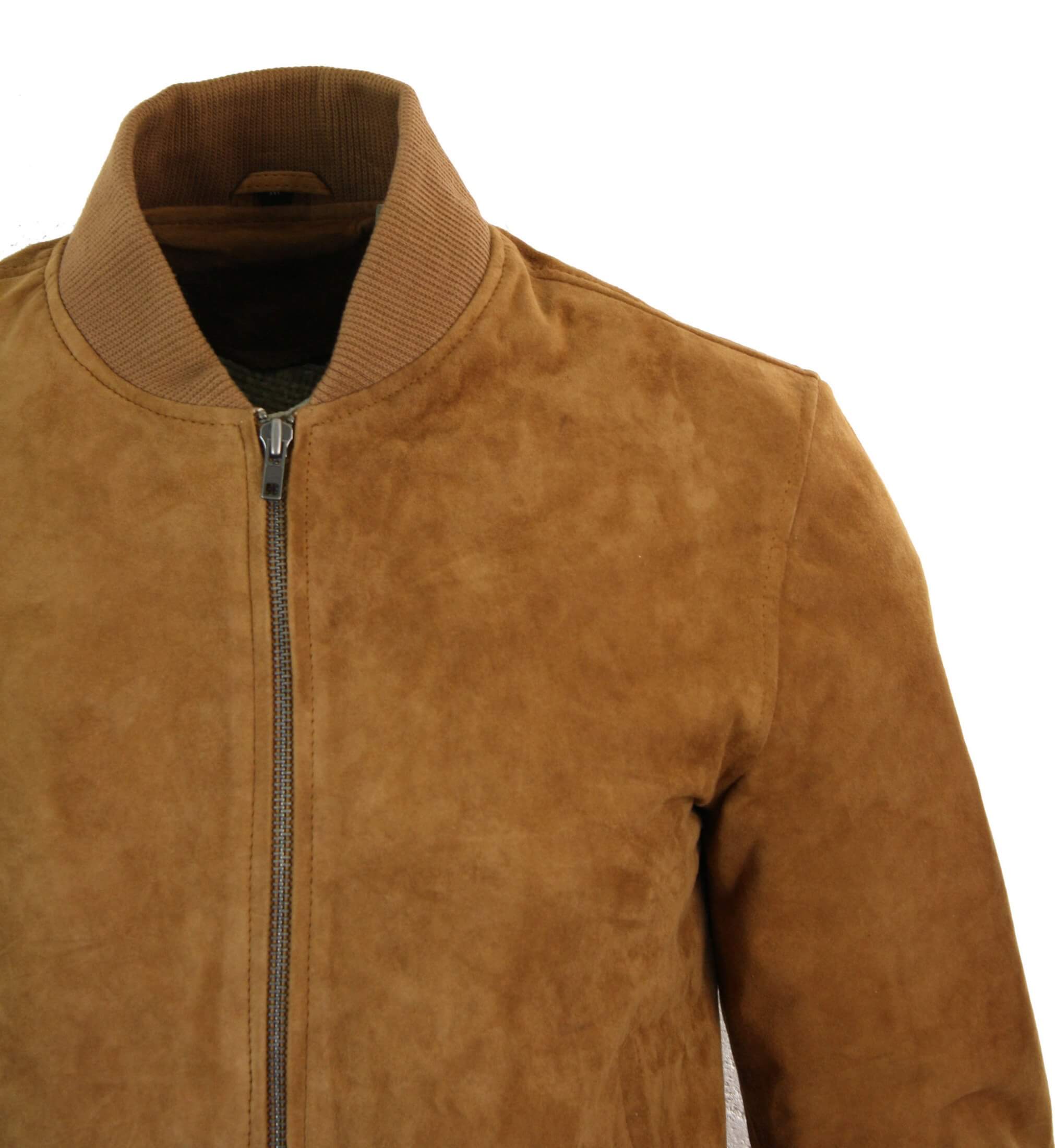 Mens Classic Fitted Bomber Suede Jacket Designer College Boy Varsity Brown
