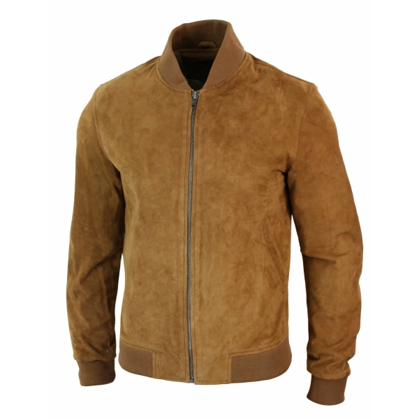Varsity Mens Real Suede Leather Bomber College Jacket Classic Retro Vintage - Tan Brown