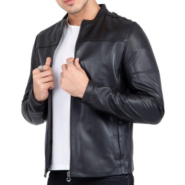 Happy Gentleman B101 - Mens Black Genuine Leather Biker Jacket - Slim Fit