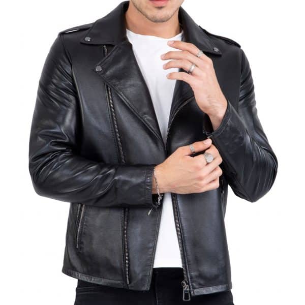 Happy Gentleman B104 - Geuine Leather Cross-Zip Brando Black Slim Fit Jacket for Men