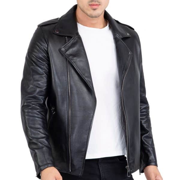 Happy Gentleman B104 - Geuine Leather Cross-Zip Brando Black Slim Fit Jacket for Men