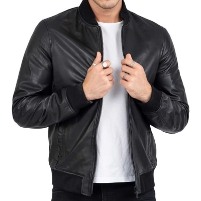 Lamb Real Leather Black Bomber Jacket for Men Regular Fit - B203