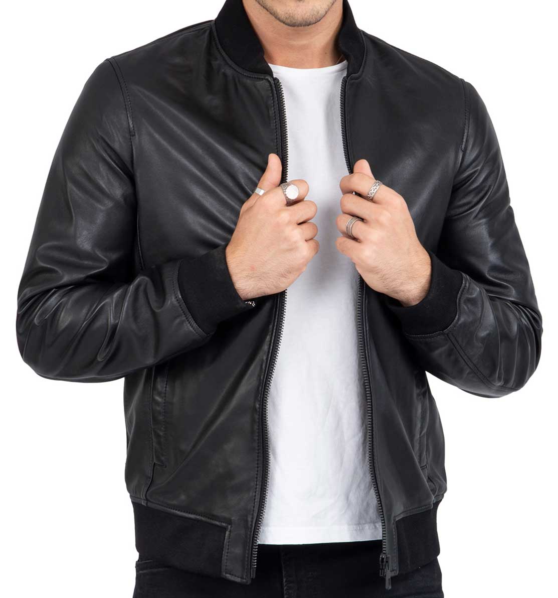 Lamb Real Leather Black Bomber Jacket for Men Regular Fit B203