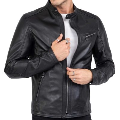 Mens Real Lamb Genuine Leather Black Biker Jacket Slim Fit - B211