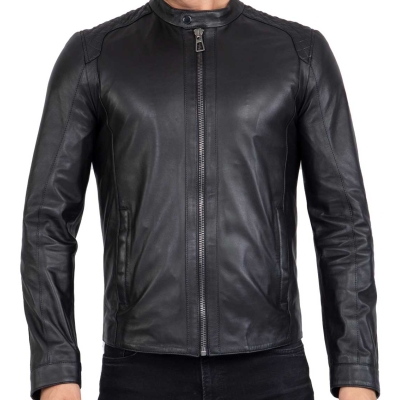 Mens Real Genuine Leather Black Biker Jacket Slim Fit - B201