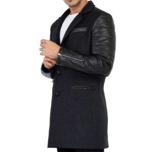 Mens Tweed Cashmere Wool Overcoat with Real Leather Sleeves Grey – B213