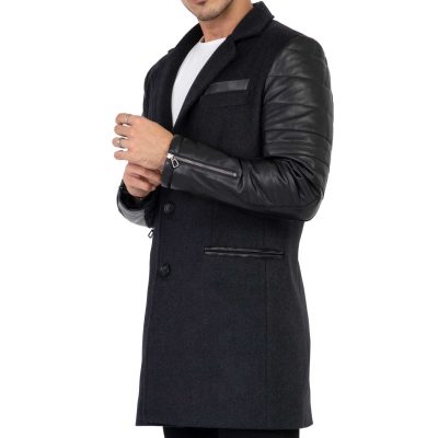 Herrenmantel aus Tweed-Kaschmirwolle mit Ärmeln aus echtem Leder Grau - B213