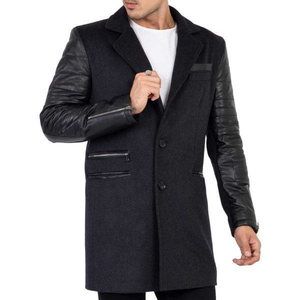 Mens Tweed Cashmere Wool Overcoat with Real Leather Sleeves Grey - B213