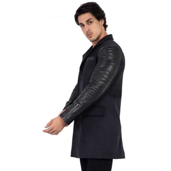 Mens Tweed Cashmere Wool Overcoat with Real Leather Sleeves Grey - B213