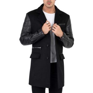 Mens Tweed Cashmere Wool Overcoat with Real Leather Sleeves Black – B213