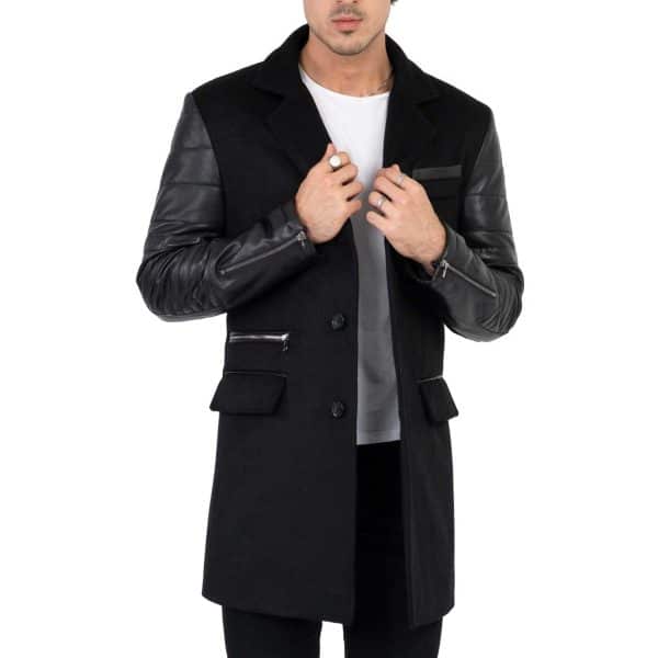 Mens Tweed Cashmere Wool Overcoat with Real Leather Sleeves Black - B213