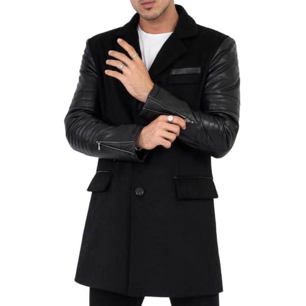 Mens Tweed Cashmere Wool Overcoat with Real Leather Sleeves Black - B213