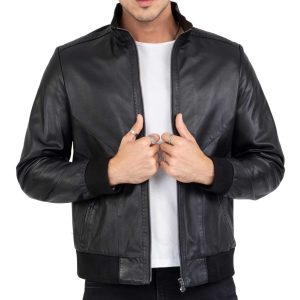 Real Lamb Leather Black Bomber Jacket for Men Regular Fit – B210