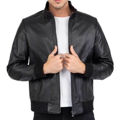 Real Lamb Leather Black Bomber Jacket for Men Regular Fit - B210