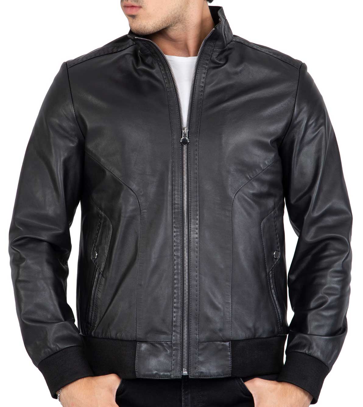 Lamb Real Leather Black Bomber Jacket for Men Regular Fit - B203