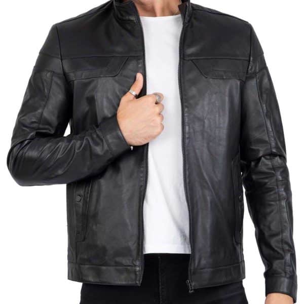Real Leather Tailored Fit Herren Biker Jacke schwarz - B202