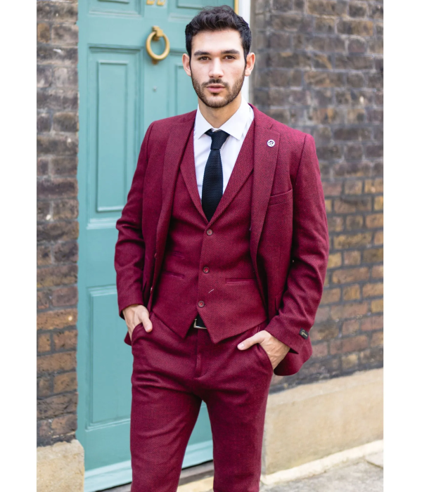 Men's Tweed Burgundy Herringbone 3 Piece Suit - STZ11