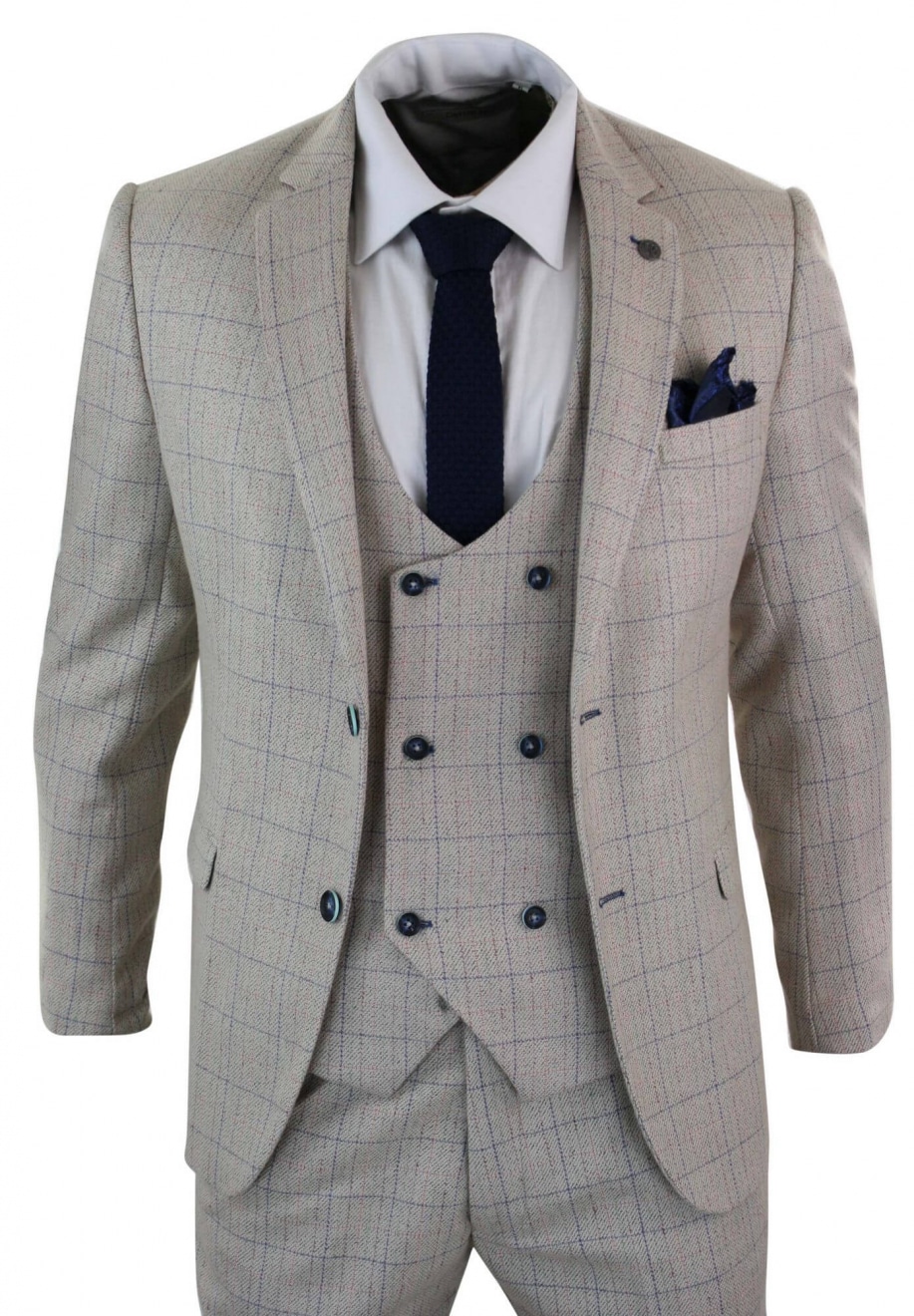 Men's 3 Piece Cream Blue-Check Suit: Buy Online - Happy Gentleman