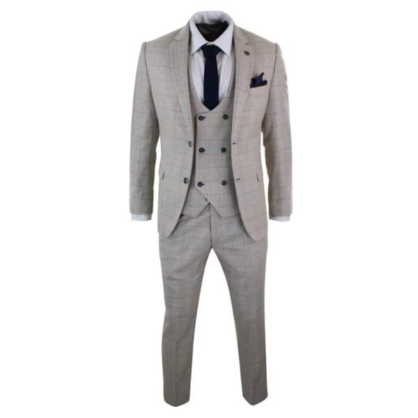 Men's 3 Piece Cream Blue-Check Suit