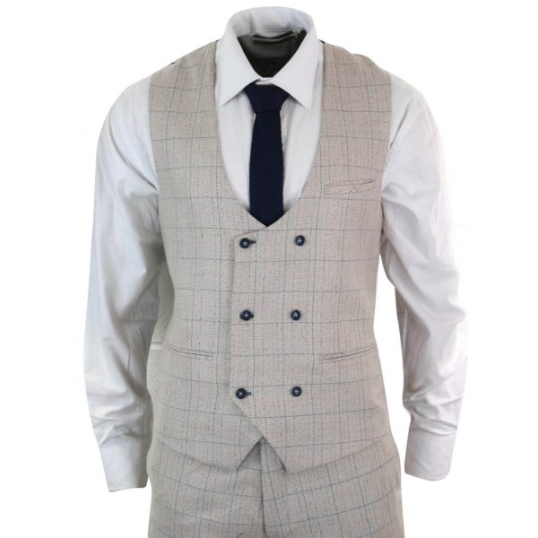 Men's 3 Piece Cream Blue-Check Suit
