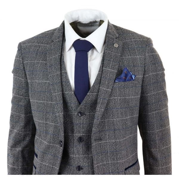 Marc Darcy Scott - Mens Grey with Blue Check 3 Piece Suit