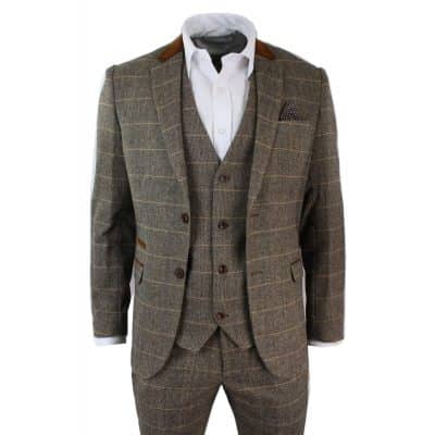 Mens Check Vintage Herringbone Tweed Tan 3 Stück Anzug Slim Fit Hochzeit