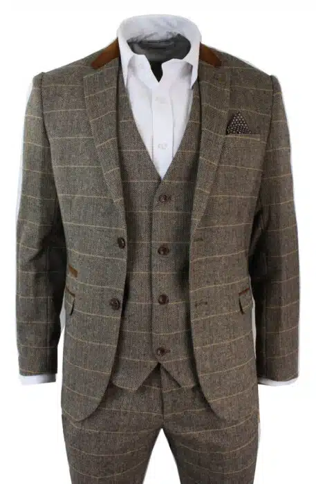 Mens Check Vintage Herringbone Tweed Tan 3 Piece Suit Slim Fit Wedding