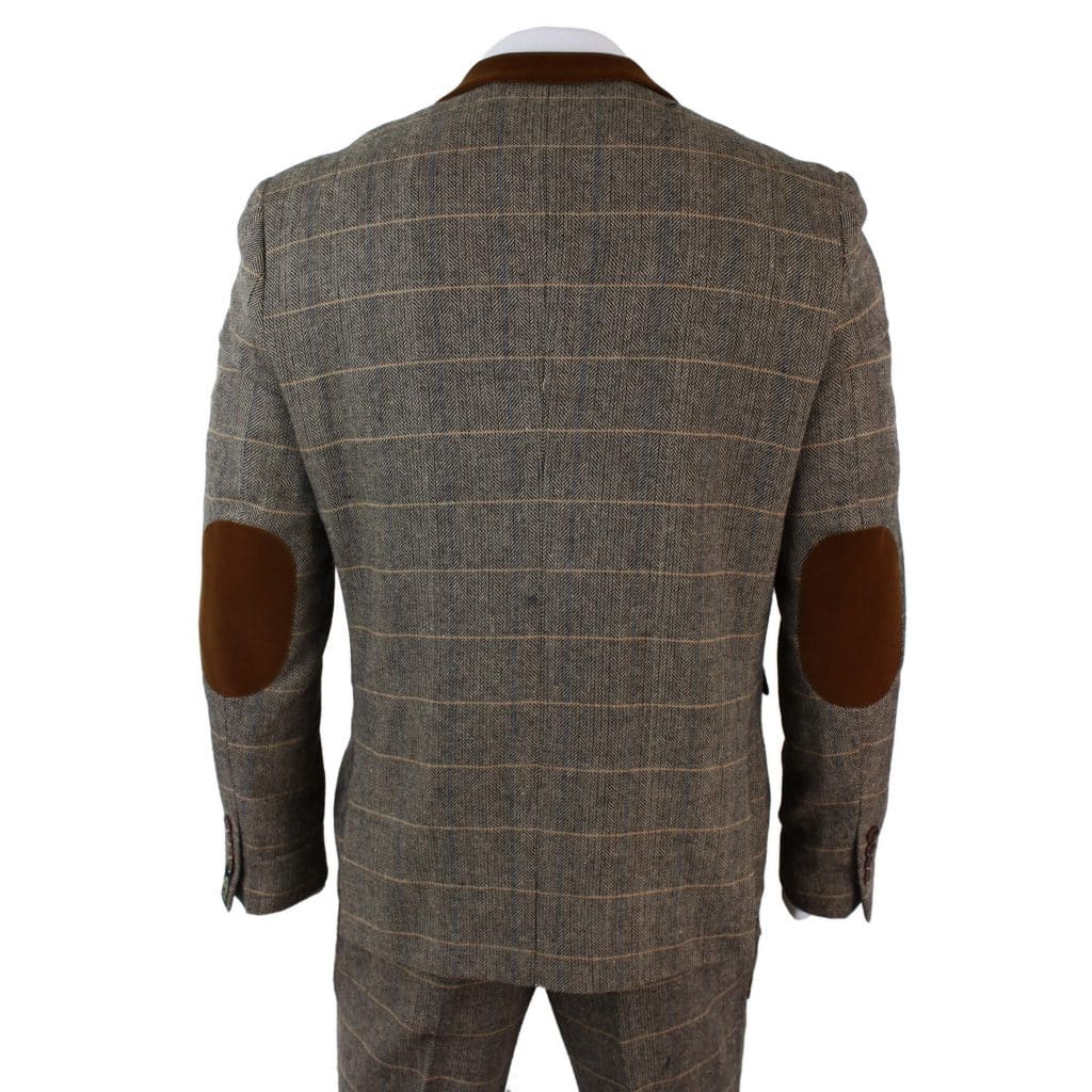 Mens Check Vintage Herringbone Tweed Tan 3 Piece Suit Slim Fit Wedding ...