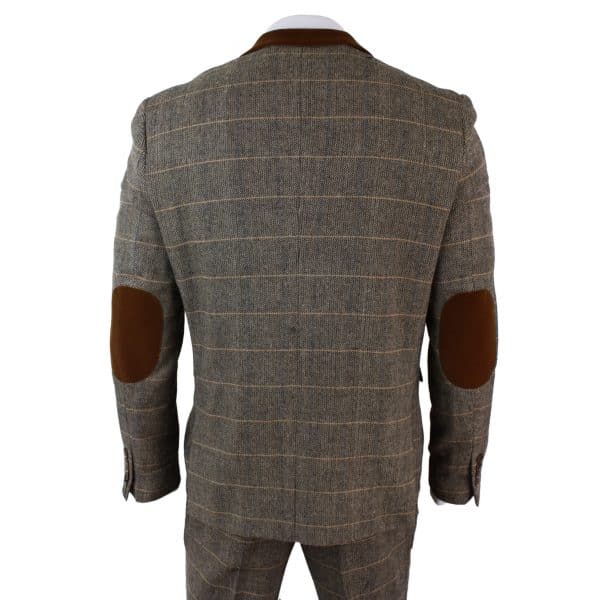 Mens Check Vintage Herringbone Tweed Tan 3 Piece Suit Slim Fit Wedding
