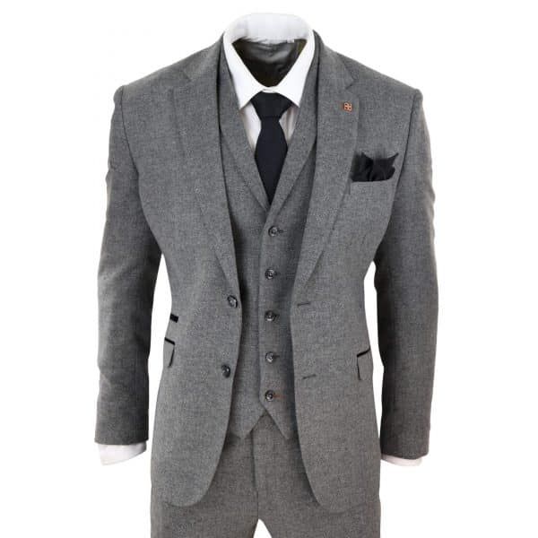 Mens Dark Grey Herringbone Tweed 3 Piece Suit: Buy Online - Happy Gentleman