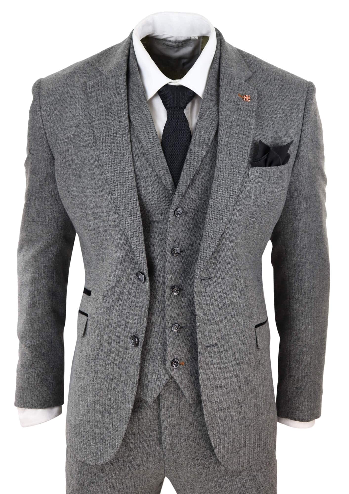 Mens Dark Grey Herringbone Tweed 3 Piece Suit: Buy Online - Happy Gentleman
