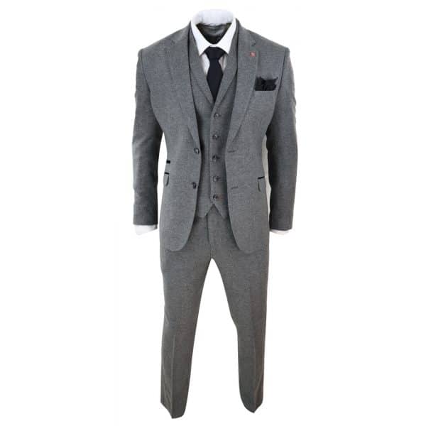 Mens Dark Grey Herringbone Tweed 3 Piece Suit