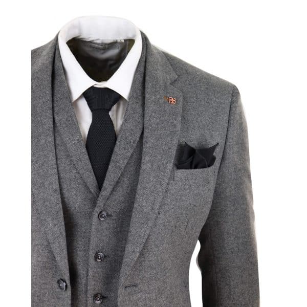 Mens Dark Grey Herringbone Tweed 3 Piece Suit