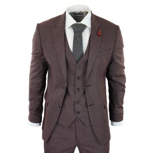 Burgundy-Grey Sheppard’s Check 3 Piece Suit – RK20-10