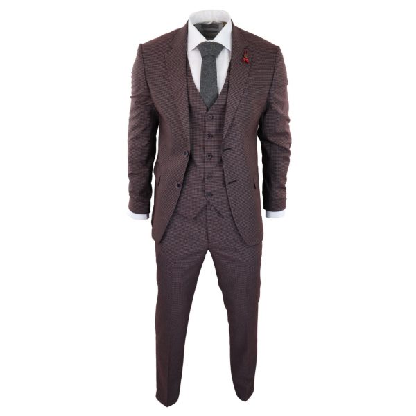 Burgundy-Grey Sheppard's Check 3 Piece Suit - RK20-10