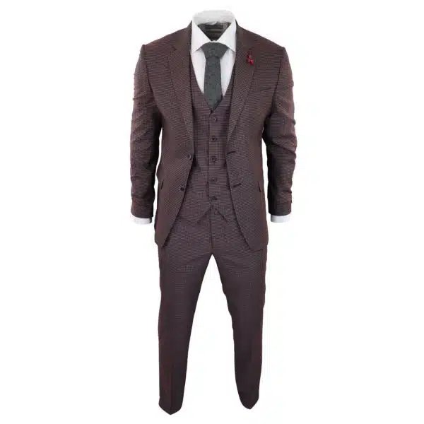 Burgundy-Grey Sheppard's Check 3 Piece Suit - RK20-10