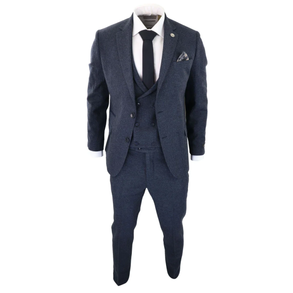 Blauer Herringbone Tweed 3 Stück Anzug
