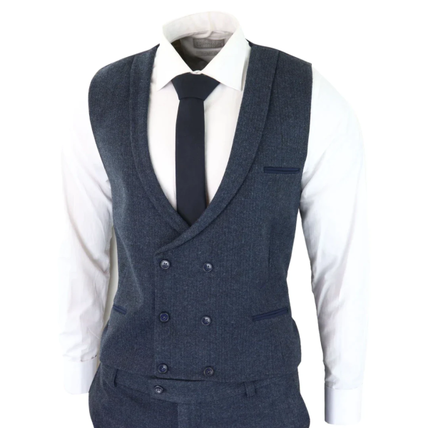 Blauer Herringbone Tweed 3 Stück Anzug