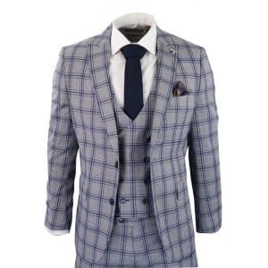 Men’s Grey Blue Check 3 Piece Suit