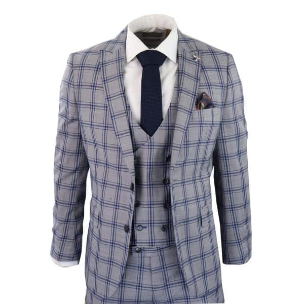 Men's Grey Blue Check 3 Piece Suit