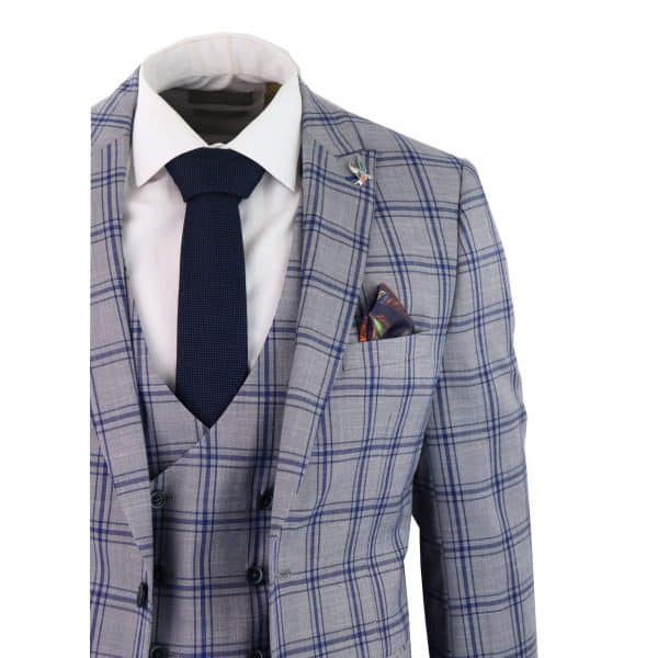 Men's Grey Blue Check 3 Piece Suit