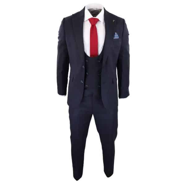 Men's Navy Herringbone 3 Piece Suit
