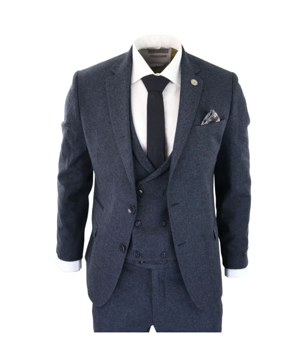 Mens Blue Herringbone Tweed 3 Piece Suit