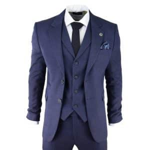 Men’s Navy-Blue Herringbone Tweed 3 Piece Suit