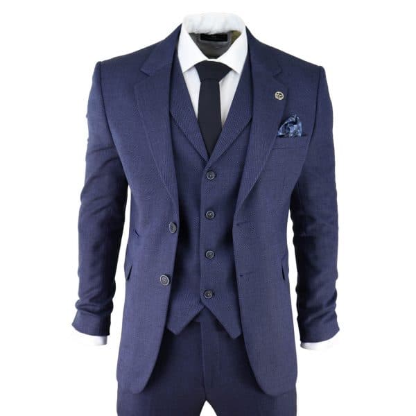 Men's Navy-Blue Herringbone Tweed 3 Piece Suit