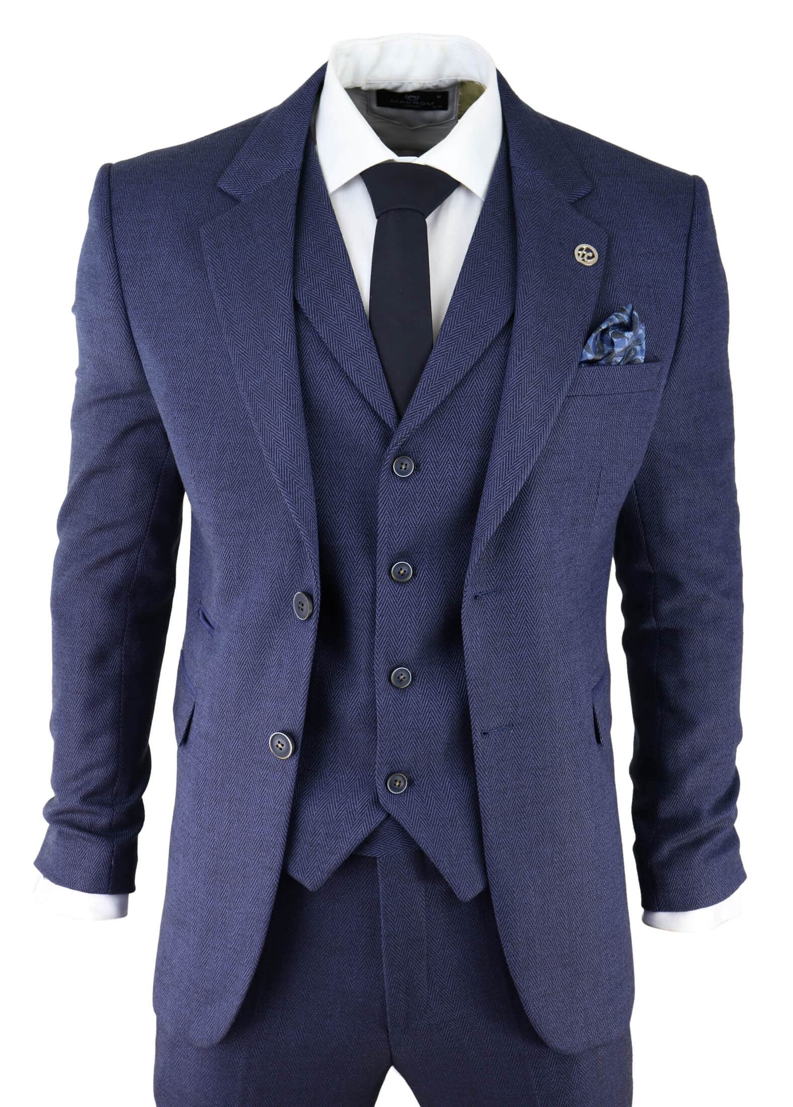 Men's Navy-Blue Herringbone Tweed 3 Piece Suit: Buy Online - Happy ...