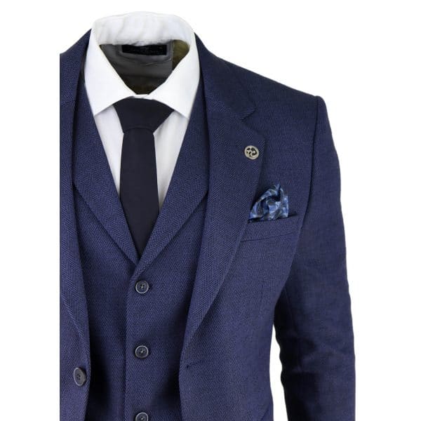 Men's Navy-Blue Herringbone Tweed 3 Piece Suit