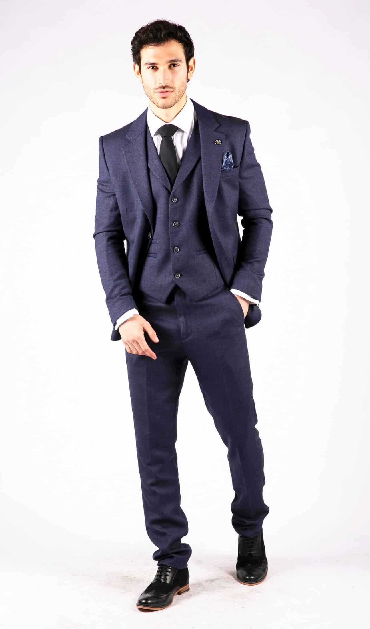 Men's Navy-Blue Herringbone Tweed 3 Piece Suit: Buy Online - Happy  Gentleman United States